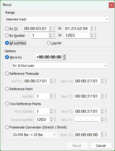 Recut Subtitles dialog Recut Subtitles dialog