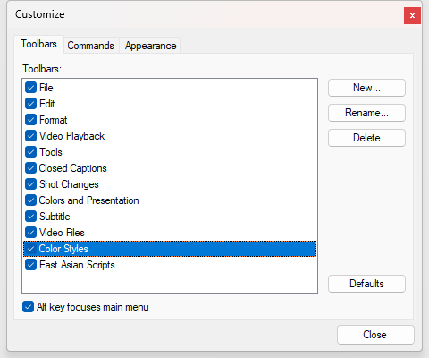 Customize Dialog - Toolbars Tab Customize Dialog - Toolbars Tab