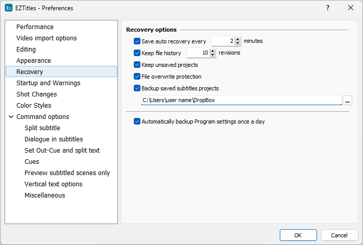 &nbsp;Preferences - Backup and Recovery