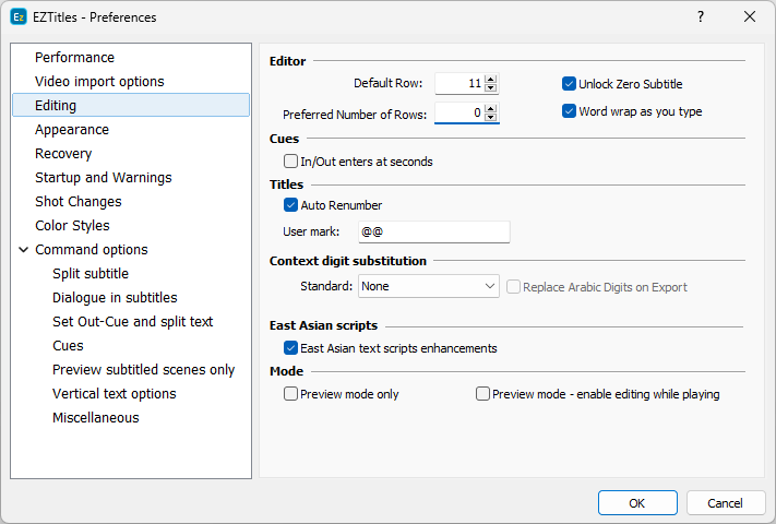 &nbsp;Preferences - Editing&nbsp;